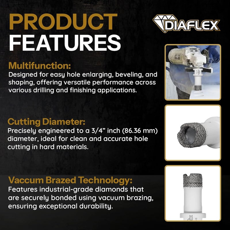 DIAFLEX Premium Brazed Core Bit – 3/4" Diamond Hole Saw for Porcelain, Ceramic, Stone, Dekton – 5/8"-11 Thread – Fast Clean Cuts – Vacuum Brazed – Wet or Dry Use - Image 4